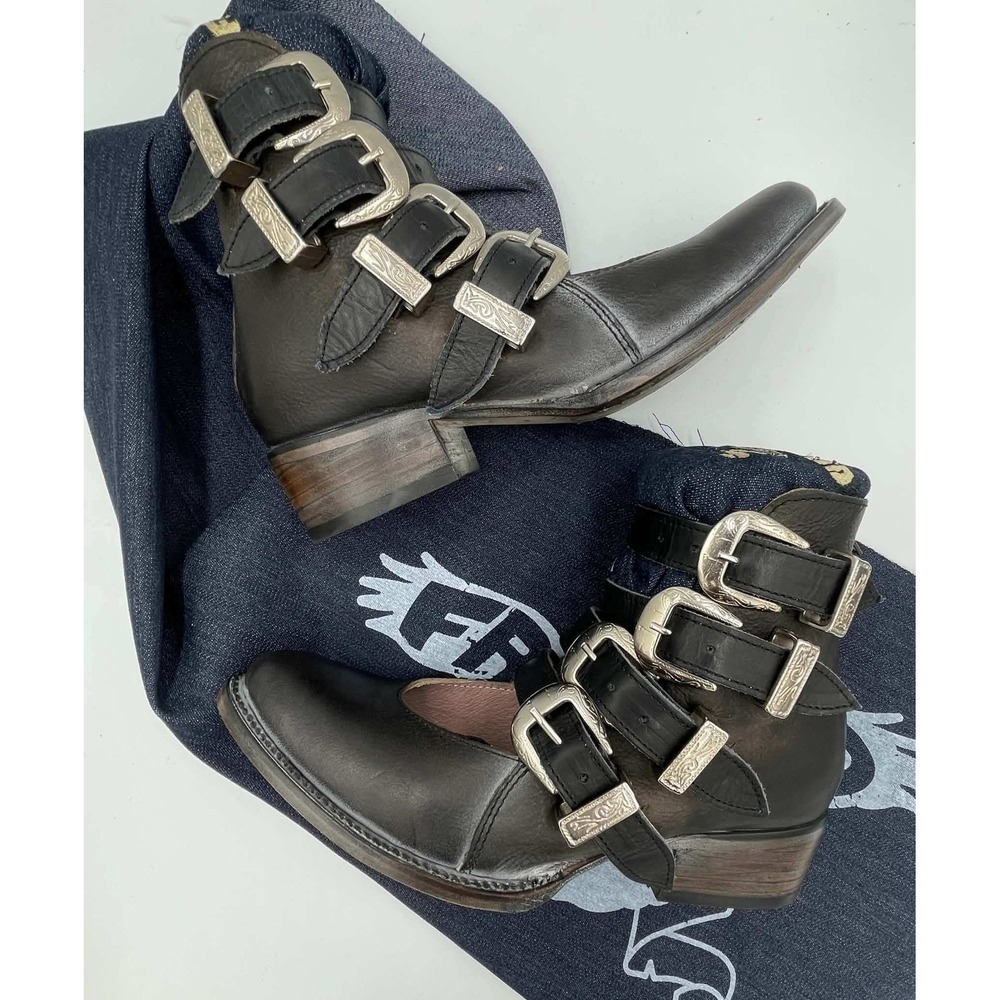 Freebird by Steven Scarlett Black Leather Multi Buckle Western Ankle Boots 7